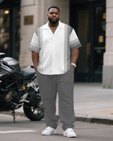 Men's Plus Size Business Gray Gradient Stripe Print Short Sleeve Shirt Trousers Suit