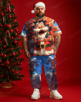 Men's Big & Tall Santa Claus Stunned Red Brick Printed T-Shirt Trousers Set