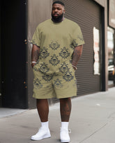 High-grade Color Sense Retro Skull Flower Pattern Printed T-shirt Shorts Suit Men's Plus Size