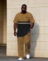 Men's Plus Size Summer Khaki & Black Striped Chest Small Label Printed Short Sleeve T-Shirt Trousers Suit