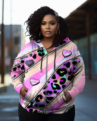 Women's Plus Size Graffiti Leopard Heart Long Sleeve Zip Hoodie