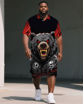 Men's Dark Style Skull and Bear Cartoon Printed Big Size Short-Sleeve Polo Shirt Shorts Set