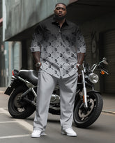 Big & Tall Men's Business Black Gray Gradient B Letter Pattern Printed Long Sleeve Shirt Trousers Suit