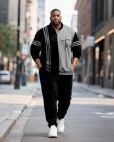 Big & Tall Men's Faith Stripe Colorblock Printed POLO Collar Zipper Long Sleeve Pants Two-Piece Set