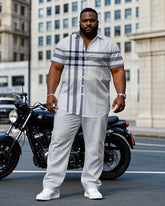 Men's Plus Size Large Plaid Light Gray Short Sleeve Shirt Trousers Men's Suit