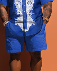 Big Guy's Simple Pattern Short Sleeve Shirt And Shorts Set