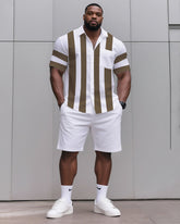 Big & Tall Men's Daily Casual Khaki Striped Shirt Shorts Suit