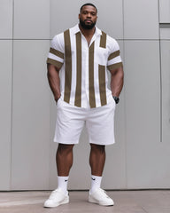 Big & Tall Men's Daily Casual Khaki Striped Shirt Shorts Suit