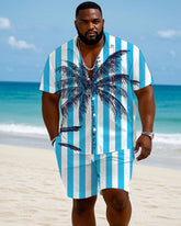Men's Plus Size Hawaiian Royal Blue White Striped Large Coconut Tree Short Sleeve Shirt Shorts Suit