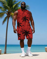 Big Men's Tropical Coconut Trees All Over Printed Hawaiian Red Vest and Shorts Set