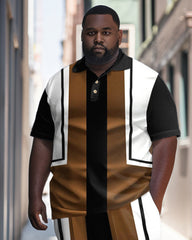 Big Men's Simple Stripe Colorblock Polo Shirt Trousers Set