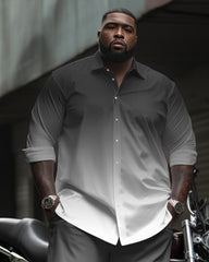 Simple Dark Gray Gradient Long Sleeve Lapel Shirt 2 Piece Set Men's Plus Size