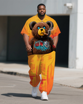 Men's Smoking Bear Gradient Fashion Casual Big Size 2-Piece Short Sleeve Shirt Pants Set