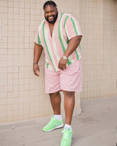 Big Man's Holiday Vacation/Casual Green Pink Striped Color Block Printing Short Sleeve Shirt Pink Shorts Suit