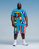 Men's Big Size Fashion Colorful Splicing Letter POLO Printed Short Sleeve T-shirt Shorts Set