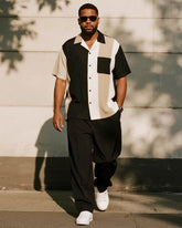 Big & Tall Men's Business Black Colorblock Stripe Printed Pocket Short Sleeve Shirt Trousers Suit