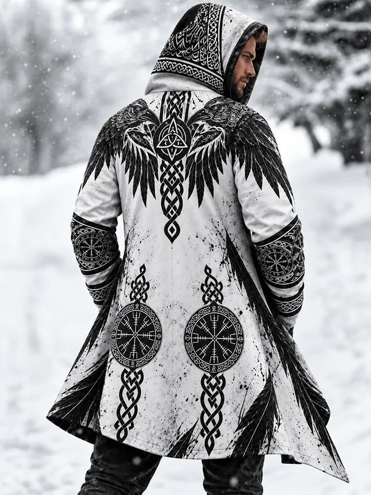 Men's Vintage White Viking Raven Rune Compass Longline Hooded Jacket