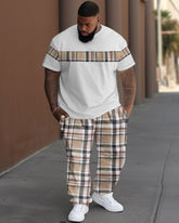 Big Guys Casual Color Block England Plaid Printed T-Shirt Pants Set