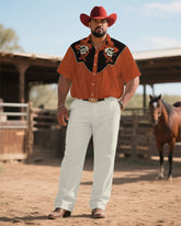 Western Denim-Men's Plus Size Western Skull Symmetrical Print Short Sleeve Shirt Pants Suit