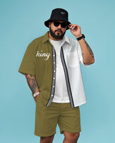 Big Men's Fashion King Letter & Splicing Placket Pattern Printed Short Sleeve Shirt and Shorts Set