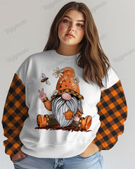 Plus Size Autumn Gnome Plaid Print Casual Long Sleeve Sweatshirt