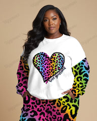 Neon Leopard Love Print Women Plus Size Crewneck Sweatshirt Suit