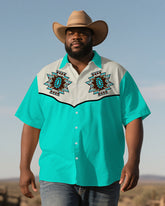 Men's Plus Size Western Style Turquoise Green Patchwork Aztec Print Short Sleeve Shirt
