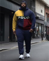 Big Men's Color Block Casual Sports Hoodie Long Sleeve Two Piece Set