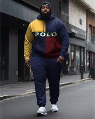 Big Men's Color Block Casual Sports Hoodie Long Sleeve Two Piece Set
