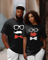 Couple Plus Size Fashion Lips Moustache Print Round Neck Short Sleeve T-Shirt