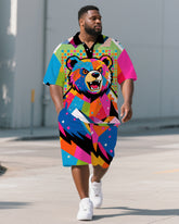 Big Men's Casual Abstract Splicing Bear Cartoon Printed Short-Sleeve Polo Shirt & Shorts Set