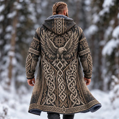 Men's Vintage Viking Eagle Celtic Knot Art Print Fleece-lined Warm Mid-length Zip Up Hooded Coat