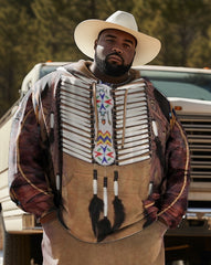 Men's Plus Size Ethnic Style Diamond Brown Hoodie Two Piece Set