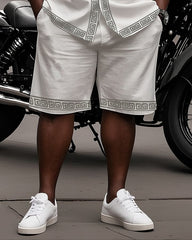 Big Man's Retro Daily Casual Edge Color Block Printing Short Sleeve Shirt Shorts Suit