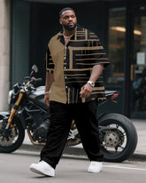 Men's Plus Size Business Khaki Black Geometric Color Block Print Short Sleeve Shirt Trousers Suit