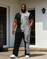 Men's Big & Tall Street Fashion Black Ink-throwing Small Label Printed Short-sleeved T-shirt Trousers Set