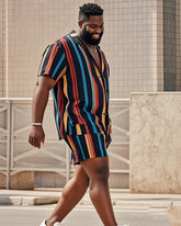 Big Man's Confident Daily Casual Multicolor Striped Color Block Printed Short Sleeve Shirt Shorts Suit