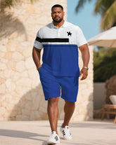 Men's large size Blue & White Colorblock Chest Pony Print Short-sleeved polo shorts set