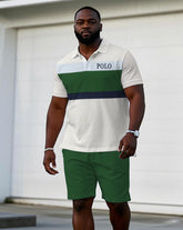 Men's large size Casual Green & White Chest Logo Print Short-sleeved polo shorts set