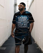 Big Men's Dark Style Lock and Chain Letter Printed Casual Short-Sleeve Polo Shirt Shorts Set