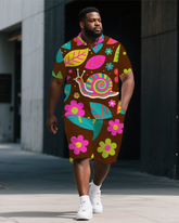 Big Guy's Dreamy Animal World Snails Printed Casual Short-Sleeve Polo Shirt & Shorts Set