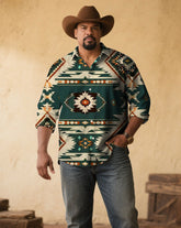 Men's Plus Size Retro Western Denim Grey-green Floral Print Long Sleeve Shirt