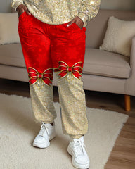 Women Plus Size Christmas Rhinestone Gift box Print Pants Suit