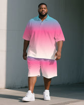 Big Men's Romantic Blue & Pink Gradient Short Sleeve Polo Shirt Shorts Suit