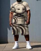 Big & Tall Men's Sketch Gloomy Robot Print Breathable Short-Sleeve T-shirt and Shorts Set