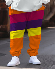 Men's Plus Size Casual Retro Colorblock Hoodie Two-Piece Set