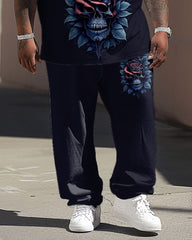 Men's Plus Size Street Fashion Skull Rose Print T-Shirt Trousers Suit
