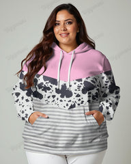 Cow Spot Stripe Patchwork Print Hoodie Women's Plus Size