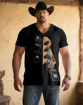 Men's Plus Size Black Retro Musical Instrument Print V-neck Short Sleeve T-shirt