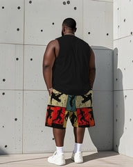 Men's Plus Size Black 7 Soccer Colorblock Printed Vest Shorts Suit